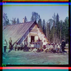 Austrian prisoners of war before their barracks in Karelia after the failed winter offensive, Russia, 1915